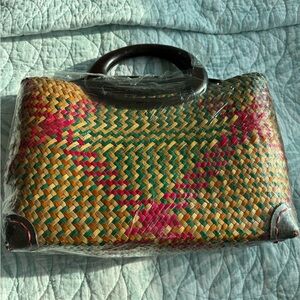 Multicolor Woven Handbag with wooden handles